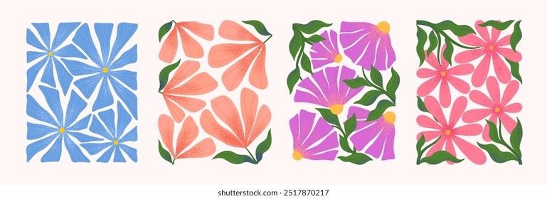 Composições vetoriais de flores abstratas com desenhos à mão florals.Modern botânica ilustrações para impressões, folhetos, banners, convites, design de marca, capas, decoração de casa