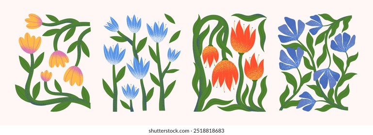 Composições vetoriais de flores abstratas com desenhos à mão florals.Modern botânica ilustrações para impressões, folhetos, banners, convites, design de marca, capas, decoração de casa