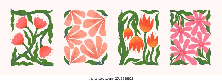 Composições vetoriais de flores abstratas com desenhos à mão florals.Modern botânica ilustrações para impressões, folhetos, banners, convites, design de marca, capas, decoração de casa