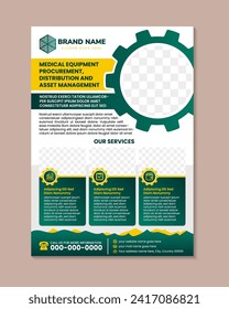 abstact flyer design template for medical equipment procurement, distribution, and asset management. vertical layout flyer with space for photo. green and yellow element in white background