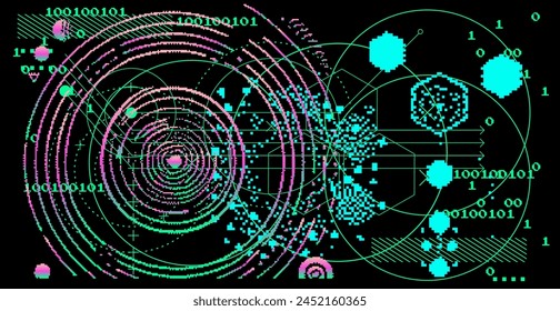 Abstact grunge sci-fi background with geometic pixelated figures and patterns.