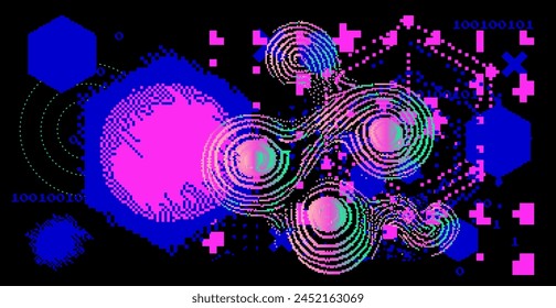 Abstact grunge sci-fi background with geometic pixelated figures and patterns.
