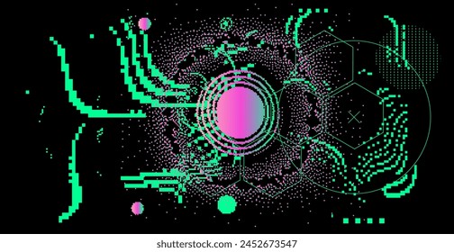 Abstact grunge sci-fi background with geometic pixelated figures and patterns.