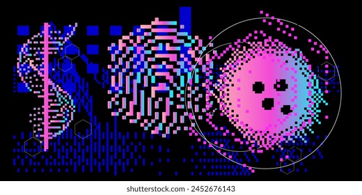 Abstact grunge sci-fi background with geometic pixelated figures and patterns.