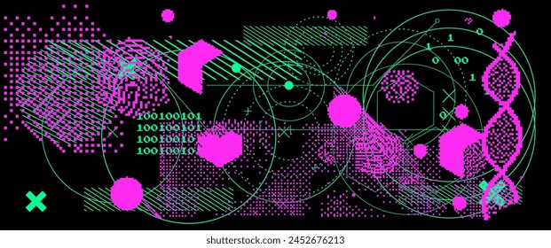 Abstact grunge sci-fi background with geometic pixelated figures and patterns.