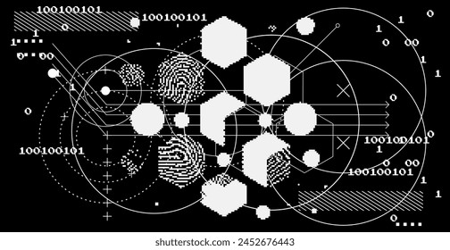 Abstact grunge sci-fi background with geometic pixelated figures and patterns.