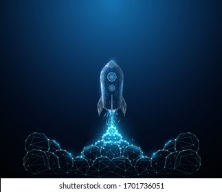 Abstact launch of the rocket from the earth with clouds of smoke. Low poly style design. Abstract geometric background. Wireframe light connection structure. Modern 3d graphic concept. Isolated vector