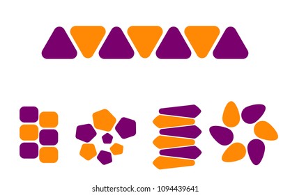 Abstact logo set in colors violet and orange, the shape of a flower, the shape of rotating blades, moving energy. 5 pieces, consisting of 6 elements, triangle, square, rhombus; contemporary style