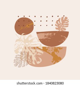 Abstact Minimal design. Boho wall art print in modern scandinavian style. Trendy geo layout: abstract rounded shapes, grunge tropical monstera leaves, grain texture. Geometrical natural poster design