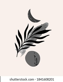 Abstact Minimal design. Boho wall art print, modern flat style. Trendy geo layout: abstract sun moon shapes, grunge tropical palm leaf, brush stroke texture. Geometrical natural poster. Cosmic concept