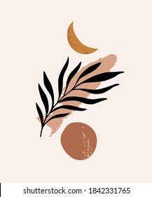 Abstact Minimal design. Boho wall art print, modern flat style. Trendy geo layout: abstract sun moon shapes, grunge tropical palm leaf, brush stroke texture. Geometrical natural poster. Cosmic concept