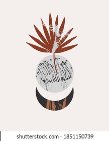 Abstact Minimal design. Boho wall art print, modern flat style. Trendy geo layout: abstract sun moon shapes, grunge tropical palm leaf, brush stroke texture. Geometrical natural poster. Cosmic concept