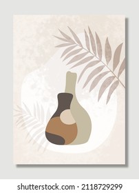 Abstact Minimal design. Boho wall art print in modern shapes, splash brush stroke texture. Geometrical natural nordic poster palm design
