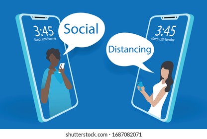 Vista abstracta de un hombre y una mujer con teléfono móvil charlando juntos. Distancia social usando teléfono móvil con fondo azul mínimo. Vector de ilustrador de diseño moderno minimo.