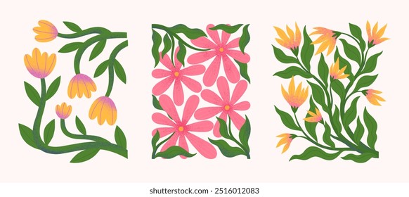 Composições vetoriais de flores rosa abstratas com desenhos à mão florals.Modern botânica ilustrações para impressões,folhetos,banners,convites,design de marca,capas,decoração de casa