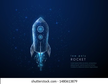 Abstact rocket flying in the space. Low poly style design. Abstract geometric background. Wireframe light connection structure. Modern 3d graphic concept. Isolated vector illustration.