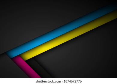 Abstact vector background with lines in cmyk colors. Triangle overlap layers on black background with free space for your design