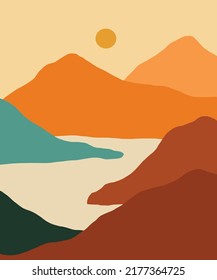 abstact wavy shapes mountain and hills landscapes, vector illustration scenery in earthy and terracotta color palette 