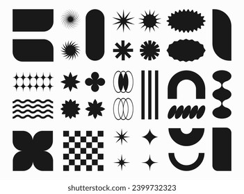 Abstact y2k shapes, retro geometric figures and forms, stickers and badges, stars, wavy lines. Vector illustration, set of decorative design elements.