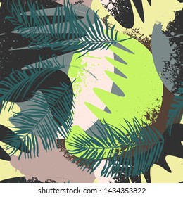 Abstarc exotic seamless pattern with wavy shapes, grunge elements, palm leaves.