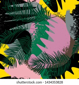 Abstarc exotic seamless pattern with wavy shapes, grunge elements, palm leaves.