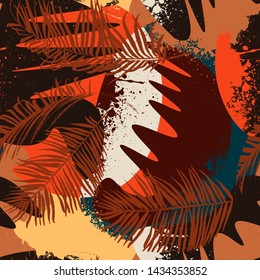 Abstarc exotic seamless pattern with wavy shapes, grunge elements, palm leaves.