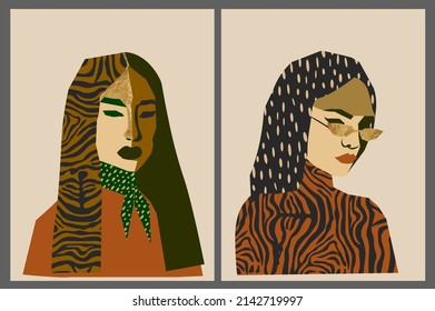 Abstarct female portraits. Paper cut mosaic style. Modern hand drawn vector illustrations. Flat design. Social media backgrounds.