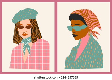 Abstarct female portraits. Paper cut mosaic style. Modern hand drawn vector illustrations. Flat design. Social media backgrounds.