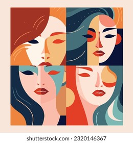 Abstarct female portraits. Paper cut mosaic style. Modern hand drawn vector illustrations. Flat design. Social media backgrounds