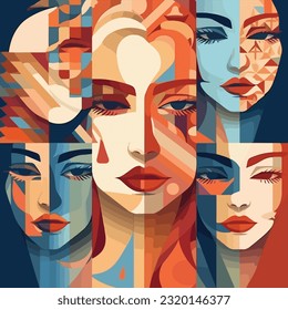 Abstarct female portraits. Paper cut mosaic style. Modern hand drawn vector illustrations. Flat design. Social media backgrounds