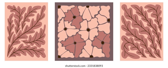 Abstarct floral compositions in minimalistic style. Set of vector botanical graphic posters in flat abstarct style. Retro trendy design. Ideal for interior decoration, home design, t shirt print