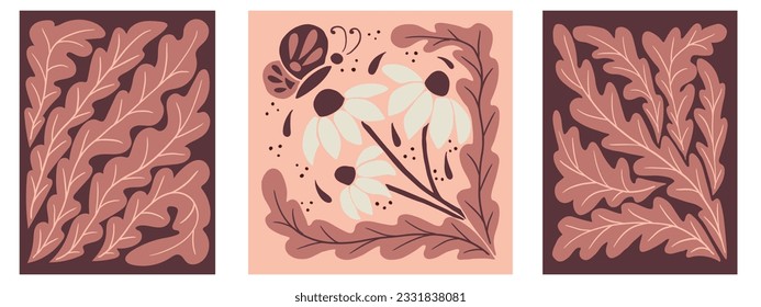 Abstarct floral groovy minimalistic compositions. Collection of vetor botanical graphic posters in flat style. Vintage trendy design Suitable for interior decoration, home design, t shirt print