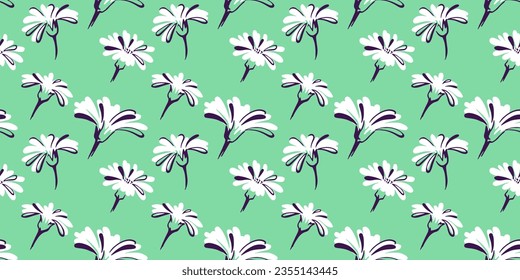 Abstarct  mint grean summer pattern. Vector hand-drawn trendy cute buds flowers. Ditsy seamless background. 