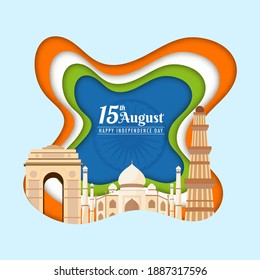 Abstarct Paper Cut Background with Indian Famous Monuments for 15th August, Happy Independence Day Concept.