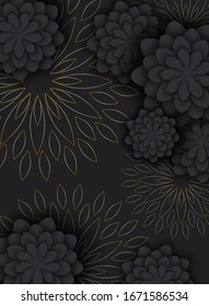 Patrón abstracto con flores decorativas estilizadas, hojas de oro. Ilustración vectorial de color en color negro minimalista.