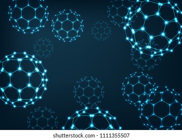 Abstarct scientific background with buckyball fullerene molecules. Nano science technology concept. Dots and lines, wireframe polygonal design. Vector illustration, eps 10.