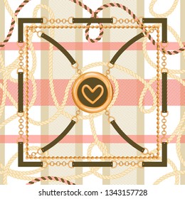 Abstarct seamless pattern with trendy checkered print, gold chain, rope, heart pendant and belts. Trendy fashion print for textile, scarf, silk shawls and tablecloth design. Vector illustration.