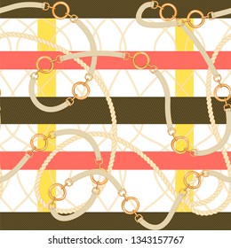 Abstarct seamless pattern with trendy checkered print, gold chains, rope and belts. Colorful fashion print for textile, lingerie, scarf, silk shawls and tablecloth design. Vector illustration.