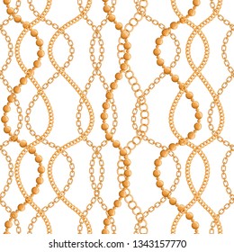 Abstarct seamless pattern with various gold chains. Trendy fashion print for textile, scarf, wrapping paper, invitation, background, packaging. Vector illustration on white background.
