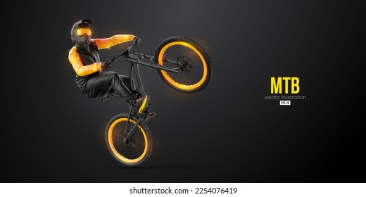 Abstarct silhouette of a mtb rider, man is doing a trick, isolated on black background. Mountain cycling sport transport. Vector illustration