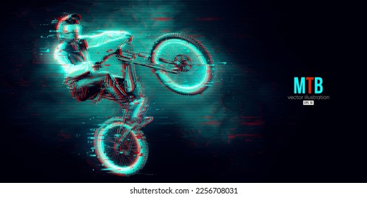 Abstarct silhouette of a mtb rider, man is doing a trick, isolated on black background. Mountain cycling sport transport. Vector illustration