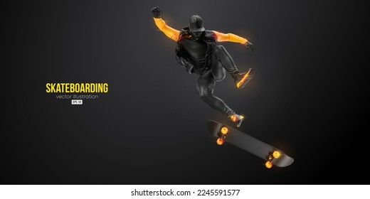 Abstarct silhouette of a skateboarder on black background. The skateboarder man is doing a trick. Street skateboarding. Vector illustration