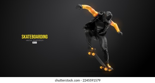 Silueta abstracta de un patinador sobre fondo negro. El hombre del patinador está haciendo un truco. Patinaje en la calle. Ilustración del vector