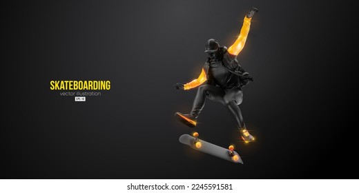 Abstarct silhouette of a skateboarder on black background. The skateboarder man is doing a trick. Street skateboarding. Vector illustration