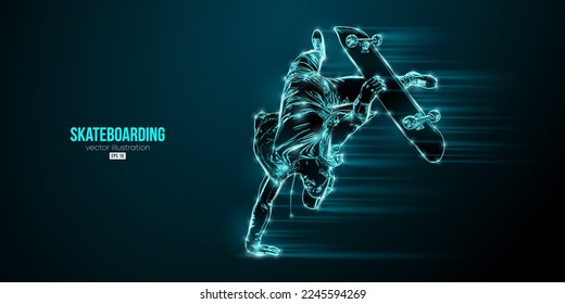 Abstarct silhouette of a skateboarder on black background. The skateboarder man is doing a trick. Street skateboarding. Vector illustration