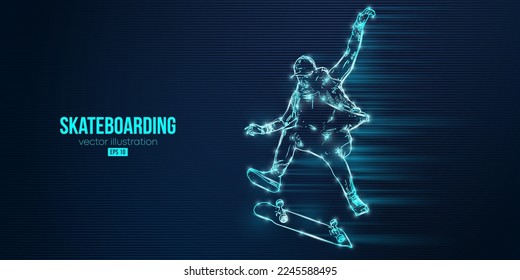 Abstarct silhouette of a skateboarder on blue background. The skateboarder man is doing a trick. Street skateboarding. Vector illustration