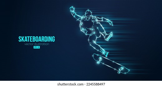 Abstarct silhouette of a skateboarder on blue background. The skateboarder man is doing a trick. Street skateboarding. Vector illustration