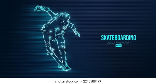 Abstarct silhouette of a skateboarder on blue background. The skateboarder man is doing a trick. Street skateboarding. Vector illustration