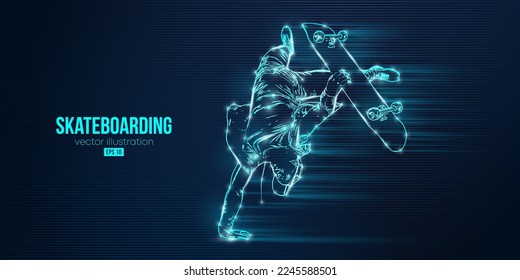 Abstarct silhouette of a skateboarder on blue background. The skateboarder man is doing a trick. Street skateboarding. Vector illustration