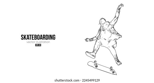 Abstarct silhouette of a skateboarder on white background. The skateboarder man is doing a trick. Street skateboarding. Vector illustration